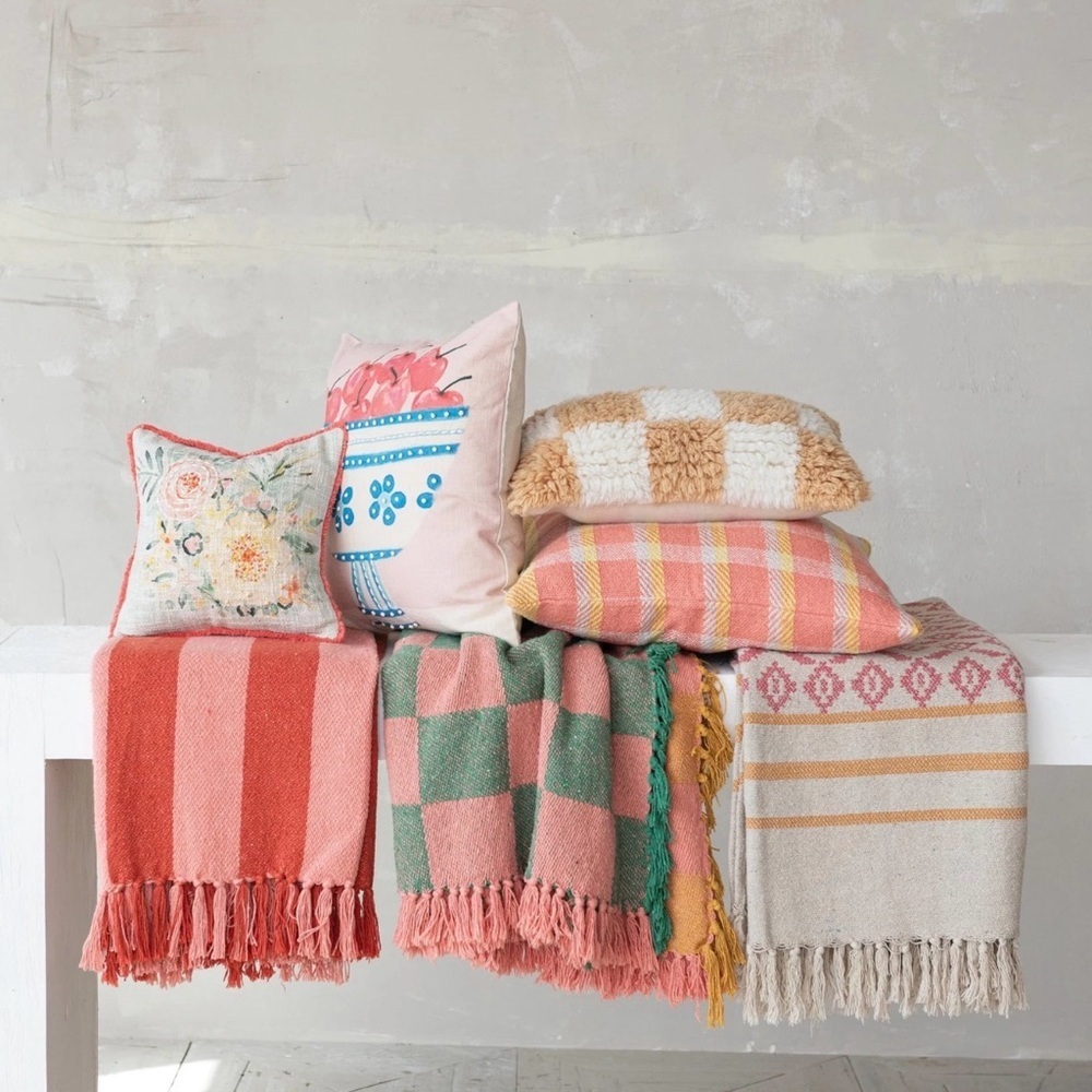 Creative Co-Op Woven Cotton Blend JacquardThrow with Pattern,Stripes and Tassels